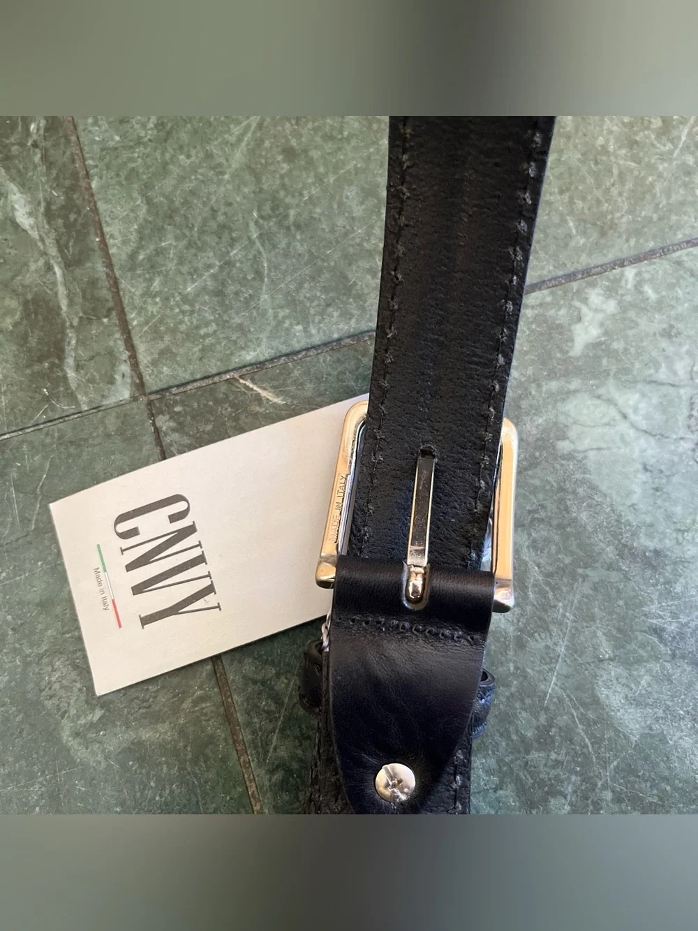 CNVY Women's Black Leather Belt with Silver Buckle